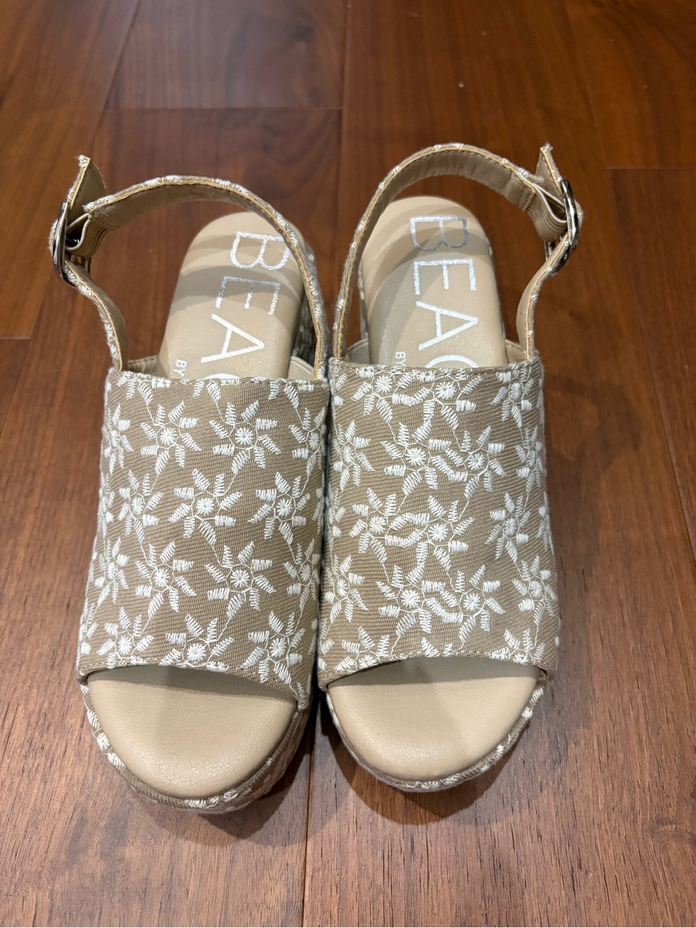 Beige Floral Slingback Wedge Sandals